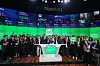 Webtoon Entertainment executives and employees pose for a photo at the bell-ringing ceremony of the company's Nasdaq listing at New York's Times Square on June 28, 2024. [WEBTOON ENTERTAINMENT]