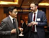 Deputy Head of Mission of Norway Joon Grane Hetland, left, and Deputy Head of Mission of Slovenia Domen Petelin exchange greetings during the 2025 Korea Economic Forum at Lotte Hotel Seoul in Jung District, central Seoul, on March 20. [PARK SANG-MOON]