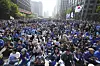 Supporters of Lee Jae-myung, presidential candidate of the Democratic Party, cheer during a campaign event in Seoul on May 12, 2025. [AP/YONHAP]