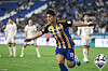 Ulsan Hyundai's Joo Min-kyu celebrates scoring during a K League match against Gangwon FC at Ulsan Munsu Football Stadium in Ulsan on May 9. [YONHAP]