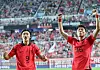 Hwang Ui-jo, right, celebrates scoring a goal with Cho Gue-sung during a friendly between Korea and El Salvador at Daejeon World Cup Stadium in Daejeon on June 20. [YONHAP]