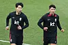 Korea's Son Heung-min, left, trains with Hwang Hee-chan at Daejeon World Cup Stadium in Daejeon on June 18 ahead of a friendly with El Salvador. [NEWS1]