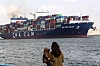 A cargo ship travels on the Suez Canal in Ismailia on Jan. 13, 2024. [XINHUA/YONHAP]