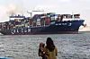 A cargo ship travels on the Suez Canal in Ismailia on Jan. 13, 2024. [XINHUA/YONHAP]