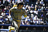 San Diego Padres' Kim Ha-seong runs to first base after hitting a single in the third inning of a game against the Colorado Rockies on Sunday in Denver. [AP/YONHAP]