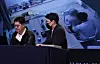 Spire Entertainment CEO Hwang Sung-woo, left, reveals surveillance camera footage of Omega X member Lee Hwi-chan groping the agency's former CEO and Hwang's wife Kang Seong-hee in July 2022, during a press conference held on Tuesday in southern Seoul. [NEWS1]