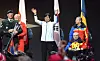 Kim Han-ki, captain of the Korean team at the Invictus Games 2025, center, waves during the closing ceremony of the event at Vancouver Rogers Arena in Vancouver, Canada on Feb. 16. [YONHAP]