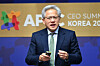 Nvidia CEO Jensen Huang delivers a speech during the APEC CEO Summit in Gyeongju on Oct. 31. [JOINT PRESS CORPS]