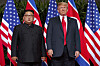 U.S. President Donald Trump, right, meets with North Korean leader Kim Jong-un on Sentosa Island, in Singapore on June 12, 2018. [AP/YONHAP]