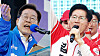 Democratic Party presidential candidate Lee Jae-myung, left, and People Power Party presidential candidate Kim Moon-soo, right, each speak during campaign rallies on May 12. [YONHAP]