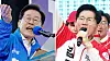 Democratic Party presidential candidate Lee Jae-myung, left, and People Power Party presidential candidate Kim Moon-soo, right, each speak during campaign rallies on May 12. [YONHAP]