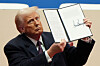 U.S. President Donald Trump holds up an executive order after signing it at an indoor Presidential Inauguration parade event in Washington on Jan. 20. [AP/YONHAP]