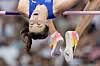Yaroslava Mahuchikh of Ukraine competes in the women's high jump final in Paris on Sunday. [AP/YONHAP]