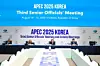 Yoon Sung-mee, chair of the 2025 Asia-Pacific Economic Cooperation Senior Officials' Meeting, center, speaks during a meeting at Songdo Convensia in Incheon on Aug.15. [MINISTRY OF FOREIGN AFFAIRS]