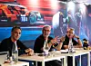 Cyril Abiteboul, head of Hyundai Motorsport and director of Genesis Magma Racing, Luke Donkerwolke, chief design and creative officer at Hyundai Motor Group, and Jacky Ickx, Genesis brand partner and Magma racing adviser, speak to reporters at the 24 Hours of Le Mans in France on June 13. [HYUNDAI MOTOR GROUP]