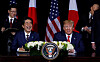 Japan's then-Prime Minister Shinzo Abe, left, laughs with U.S. President Donald Trump during a meeting on the sidelines of the 74th session of the United Nations General Assembly in New York City, New York, U.S., September 25, 2019. [REUTERS]