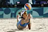 Brazil's Barbara Seixas de Freitas dives for the ball in a beach volleyball match against Australia in Paris on France. [AP/YONHAP]