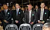 Business leaders attend an outdoor ceremony marking the 80th anniversary of Korea's liberation from Japanese colonial rule in Gwanghwamun Square in central Seoul on Aug. 15. From left: Lotte Chairman Shin Dong-bin, LG Group Chairman Koo Kwang-mo, Hyundai Motor Group Executive Chairman Euisun Chung and Samsung Group Chairman Lee Jae-yong [YONHAP]