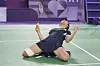 Korea's An Se-young celebrates after defeating Indonesia's Gregoria Mariska Tunjung during their women's singles badminton semifinal in Paris on Sunday. [AP/YONHAP]