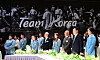 President Yoon Suk Yeol, second from right, and first lady Kim Keon Hee, right, hold an event hosting Team Korea and others who supported Korean athletes at the 2024 Paris Olympics at a hotel in Seoul on Thursday. Participants included Olympic medalists, Hyundai Motor Group Executive Chair Euisun Chung, third from right, and Minister of Culture, Sports and Tourism Yoo In-chon, fifth from right. [JOINT PRESS CORPS]