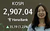 A screen in Hana Bank's trading room in central Seoul shows the Kospi closing at 2,907.04 points on June 11, up 35.19 points, or 1.23 percent, from the previous trading session. [NEWS1]