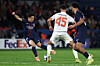 Paris Saint-Germain's Lee Kang-in dribbles past Bayern Munich's midfielder Aleksandar Pavlovic during the UEFA Champions League football match between Paris Saint-Germain and FC Bayern Munich at the Parc des Princes in Paris on Nov. 4. [AFP/YONHAP]