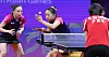 South Korean table tennis player Shin Yu-bin serves the ball during the women's doubles final at the Hangzhou Asian Games held at Gongshu Canal Sports Park Gymnasium in Hangzhou, China on Monday. [YONHAP]