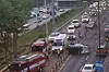A flipped car lies on the road at the site of the traffic accident on Nodeul-ro, Dongjak District, southern Seoul, on April 17. [YONHAP]