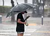 A person wearing an umbrella waits to cross the road in a rainy Seo District, Gwangju, on July 17. [YONHAP]
