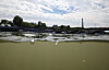 A view of the Eiffel Tower is seen at the triathlon start on Sunday after training in the Seine was canceled over water quality concerns. [REUTERS/YONHAP]