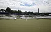A view of the Eiffel Tower is seen at the triathlon start on Sunday after training in the Seine was canceled over water quality concerns. [REUTERS/YONHAP]