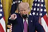 U.S. President Donald Trump takes a question from a reporter during an event signing a bill blocking California's rule banning the sale of new gas-powered cars by 2035, in the East Room of the White House on June 12 in Washington. [AP/YONHAP]