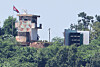 The photo shows a North Korean guard post and loudspeaker facing the South along the Imjin River in Paju, Gyeonggi, near the inter-Korean border on Aug. 10. [YONHAP]