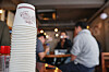 Paper cups are stacked at a restaurant in downtown Seoul on Tuesday. The Environment Ministry announced that it would scrap its ban on the use of paper cups in restaurants and cafes and tentatively postpone its plans to regulate the use of plastic straws and stir sticks.[NEWS1]