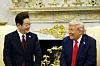 South Korean President Lee Jae Myung, left, and U.S. President Donald Trump laugh during their first bilateral summit at the White House in Washington on Aug. 25. [JOINT PRESS CORPS]