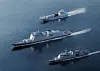 A render of a 3,400-ton frigate, center, a 2,200-ton offshore patrol vessel, bottom, and a 1,400-ton landing ship ordered by Peru from HD Hyundai Heavy Industries [HD HYUNDAI]