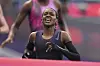 Faith Kipyegon, from Kenya, approaches the finish line in her attempt to become the first woman to run a mile in under four minutes, at Stade Charlety in Paris, Thursday, June 26, 2025. [AP/YONHAP]