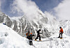 Mountaineers practice walking on a ladder during a training session at Everest base camp, Nepal, on April 15. [REUTERS/YONHAP]