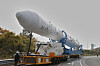 Korea's homegrown space rocket Nuri is seen being transported to its launch pad inside the Naro Space Center in Goheung, South Jeolla on Nov. 25. [KOREA AEROSPACE RESEARCH INSTITUTE]