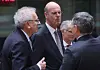 European Stability Mechanism (ESM) Managing Director Pierre Gramegna, left, French Minister of Economy, Finance and Industrial and Digital Sovereignty Eric Lombard, center, and President of the Eurogroup Paschal Donohoe, right, at the start of a Eurogroup finance ministers meeting in Brussels, Belgium, on March 10. [EPA/YONHAP]