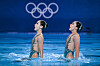 Korea's Hur Yoon-seo and Lee Ri-young compete in the duet free routine of the artistic swimming event during the Paris Olympics at the Aquatics Centre in Saint-Denis on Saturday. [AFP/YONHAP]