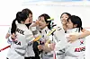 The national Korean women's team celebrate after winning the gold medal 7-2 against China in the women's curling final in Harbin, China on Friday, Feb. 14. [NEWS1]