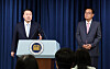President Yoon Suk Yeol, left, names Chung Jin-suk, a five-term lawmaker of the People Power Party (PPP), as his new chief of staff at a press conference at the Yongsan presidential office in central Seoul Monday morning. [JOINT PRESS CORPS]