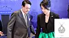 Former First Lady Kim Keon Hee, right, is seen wearing a Van Cleef & Arpels necklace (pictured bottom right) during a dinner with the Korean community in Madrid, Spain, on June 29, 2022, during a NATO summit trip with former President Yoon Suk Yeol. [JOINT PRESS CORPS, SCREEN CAPTURE]