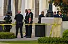Santa Ana police gather outside the entrance to Santa Ana High School in Santa Ana, California, after a stabbing on campus shortly after the school day ended on May 7. [AP/YONHAP]