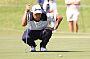 Hideki Matsuyama of Japan lines up a putt on the 13th green during the third round of the FedEx St. Jude Championship at TPC Southwind on Saturday in Memphis, Tennessee. [GETTY IMAGES]