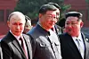 From left: Russian President Vladimir Putin, Chinese President Xi Jinping and North Korean leader Kim Jong-un are seen ahead of a military parade in Beijing on Sept. 3 to mark the 80th anniversary of Japan's defeat in World War II. [JOINT PRESS CORPS]