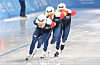 Korean speed skaters Chung Jae-won, Park Sang-eon and Lee Seung-hoon skate during the men's pursuit at HIC Speed Skating Oval in Harbin, China on Feb. 11. [YONHAP]