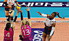 Suwon Hyundai Engineering & Construction Hillstate's Laetitia Moma Bassoko, right, attacks during a V League game against the Heungkuk Life Insurance Pink Spiders at Incheon Samsan World Gymnasium in Incheon on Wednesday. [YONHAP]