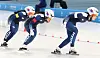 Korean speed skaters Park Ji-woo, Jeong Yu-na and Kim Yoon-ji skate during the women's pursuit at HIC Speed Skating Oval in Harbin, China on Feb. 11. [YONHAP]